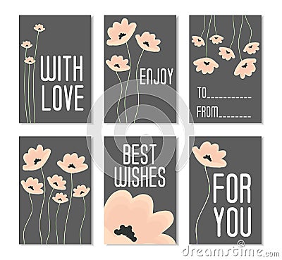 Set of Vector Illustrations. Perfect for birthday cards, posters, banners, stickers, labels with flowers on dark background. Set o Vector Illustration