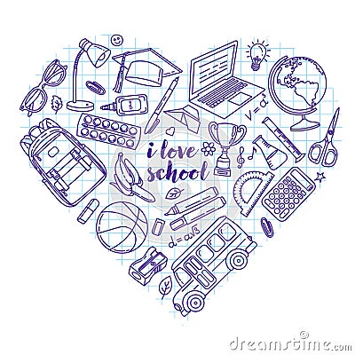 Set of vector illustrations of school accessories and stationery, camped in the shape of a heart in doodle style Vector Illustration