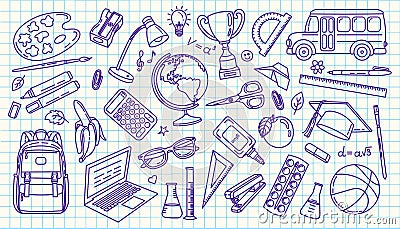 Set of vector illustrations of school items and stationery in doodle style. Vector Illustration