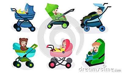 Set Of Vector Illustrations Of Six Toddlers In Different Kinds Of Baby Carriages Vector Illustration