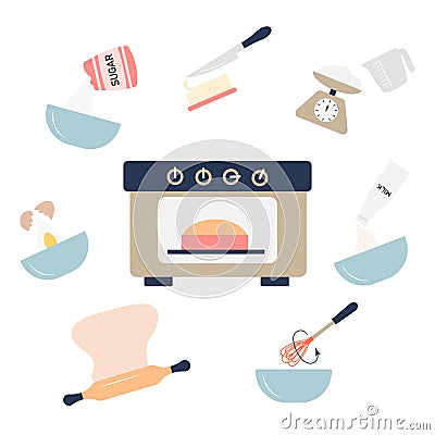 Set of vector illustrations of the stages of preparing a cake. Mixing ingredients for dough, baking pastries. Pie in the Vector Illustration