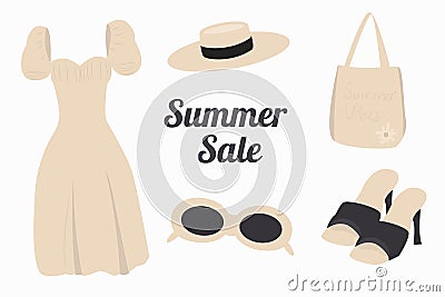 set of vector illustrations of summer women's fashion clothing, summer sale. A collection of fashionable clothes for Vector Illustration