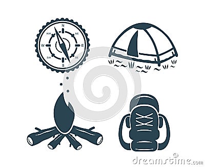 A set of vector illustrations, a tent, a compass, a backpack and a campfire. Vector Illustration