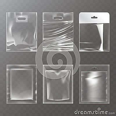 Set of vector illustrations of transparent plastic empty bags, packaging Vector Illustration