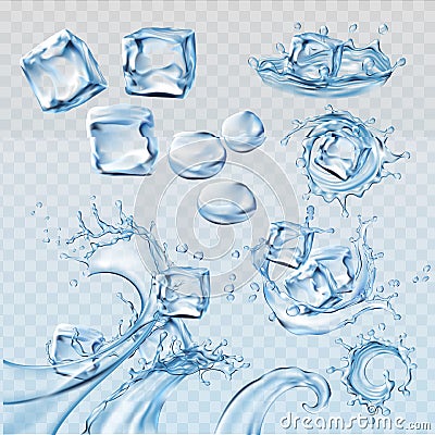 Set vector illustrations water splashes and flows with ice cubes Vector Illustration