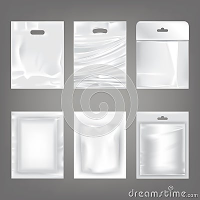 Set of vector illustrations of white plastic empty bags, packaging Vector Illustration