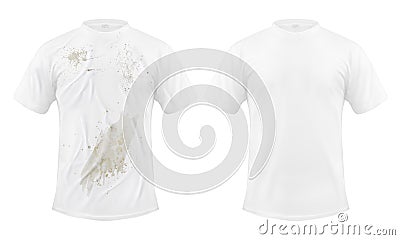 Set of vector illustrations of a white T-shirt with a dirty stain and clean, before and after dry cleaning Vector Illustration