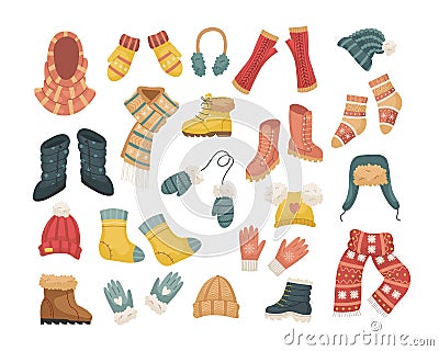 A set of vector illustrations of winter hats. Hat, snood, headphones, gloves, mittens, blowjobs Vector Illustration