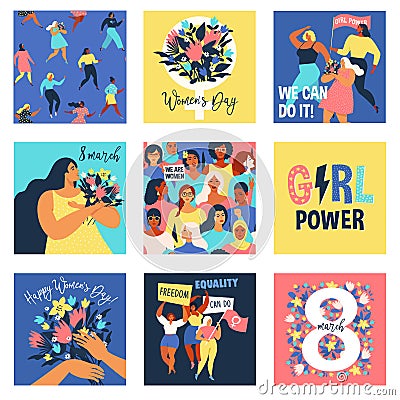 Set of vector illusttation. 8 march, International Womens Day. Feminism concept template design. Vector Illustration