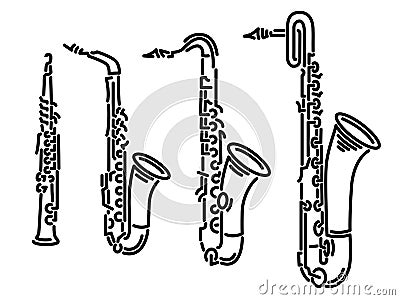 Set of vector images of different types of saxophones drawn by lines Vector Illustration