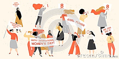 Set of vector images for International Women`s Day with cute young women holding posters and banners and asserting their rights i Vector Illustration