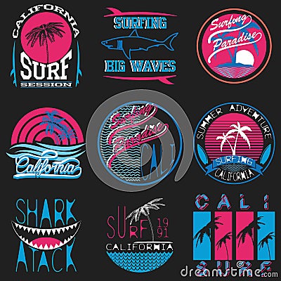 Set of vector images of t-shirts with summer and surf themes. Surfing. Stock Photo