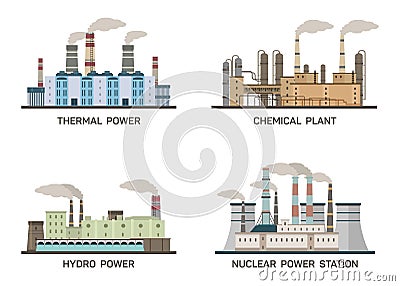 Set of vector industrial flat illustration of different types of power plants. Conception of making energy and pollution Vector Illustration