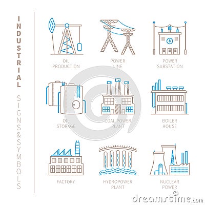 Set of vector industrial icons and concepts in mono thin line style Vector Illustration