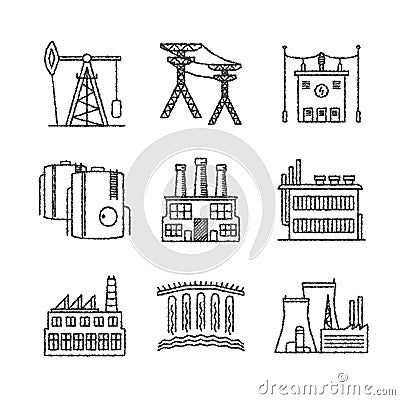 Set of vector industrial icons in sketch style Vector Illustration