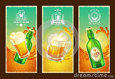 Set of vector isolated cartoon banners with beer glasses and glass bottle Vector Illustration