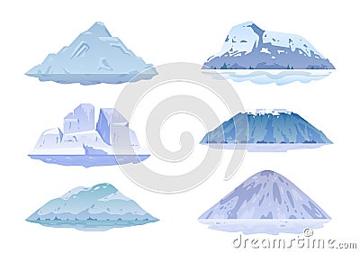 Set of vector isolated ice mountains icons. Mountain natural landscape, hill top, iceberg, snow ice peaks. Travel Vector Illustration