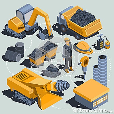 Set of vector isometric elements of the coal mining industry Vector Illustration