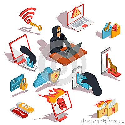 Set of vector isometric hacker icons Vector Illustration