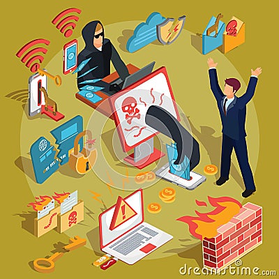 Set of vector isometric hacker icons Vector Illustration