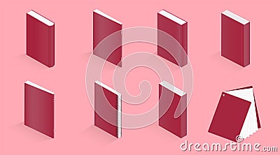 Set of vector isometric illustrations of book, notebook, notepad, magazine, booklet, brochure, book on pink background Vector Illustration