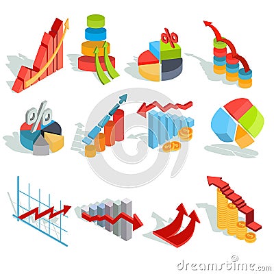 Set of vector isometric infographic graphics, diagrams, histograms, arrows of various types Vector Illustration