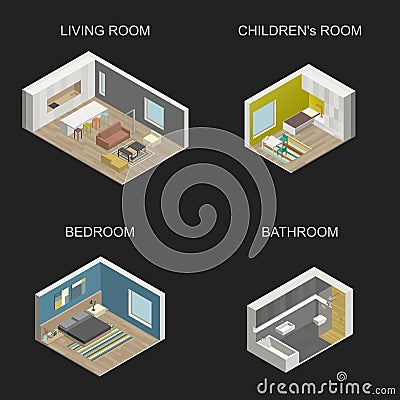 Set of vector isometric rooms. Vector Illustration