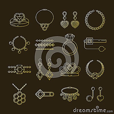 Set of vector jewelry line icons. Diamond luxury collection isolated on dark. Ring necklace earrings chain diadem Vector Illustration