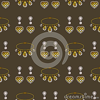 Set of vector jewelry line seamless pattern. Diamond luxury colorful collection. Earrings and necklace silhouettes Vector Illustration