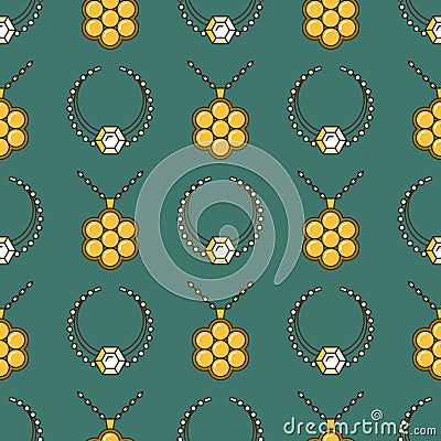 Set of vector jewelry line seamless pattern. Diamond luxury colorful collection. Necklace silhouette. Gold gem crystal Vector Illustration