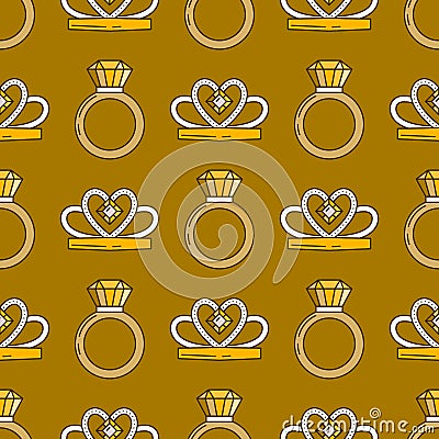 Set of vector jewelry line seamless pattern. Diamond luxury colorful collection. Ring and diadem silhouettes. Gold gem Vector Illustration