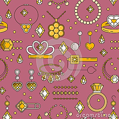 Set of vector jewelry line seamless pattern. Diamond luxury colorful collection. Ring necklace earrings chain diadem Vector Illustration