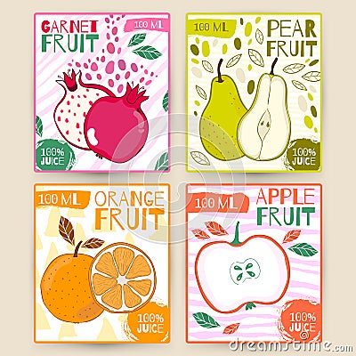 Set vector juice label fruit. Apple,garnet, pear, orange. Hand draw illustration. Food design for package. Cartoon Illustration