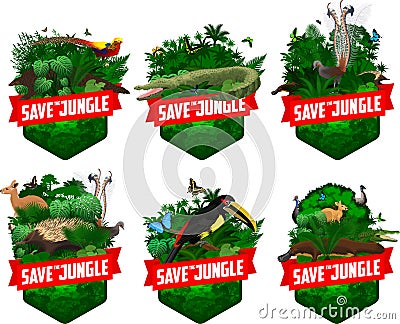 Set of vector jungle rainforest emblem with red kangaroo, Lyrebird, Echidna, saltwater crocodile, golden pheasant, pangolin Vector Illustration