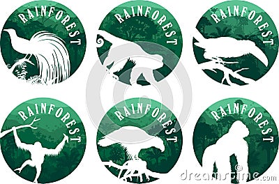 Set of vector jungle rainforest emblems with orangutan, gorilla, lesser bird of paradise, philippine Eagle, channel-billed toucan Vector Illustration