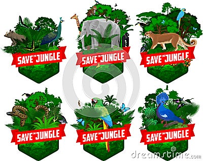 Set of vector jungles rainforest emblems with anaconda, toucan, macaw ara, harpy eagle, Green peafowl, North Sulawesi babirusa Vector Illustration