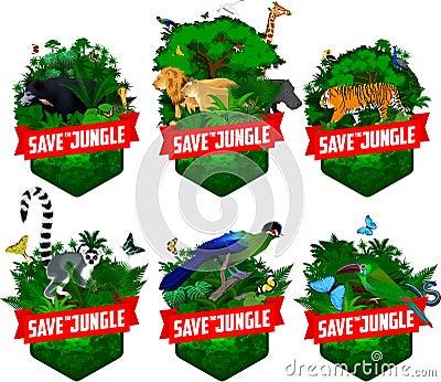 Set of vector jungles rainforest emblems with tiger, great hornbill, peacock peafowl, green toucanet, blue Morpho butterfly Vector Illustration