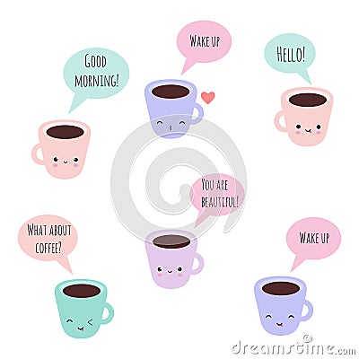 Set of 6 vector kawaii coffee cups with funny faces and phrases Stock Photo