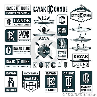 Set of vector kayaking and canoeing logo, badges and design elements Vector Illustration