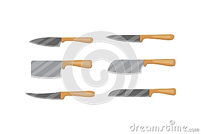 Set of vector knives for butcher shop. Kitchen knive and cutter. Utensils for cooking, kitchenware, and weapon knifes. Vector Illustration