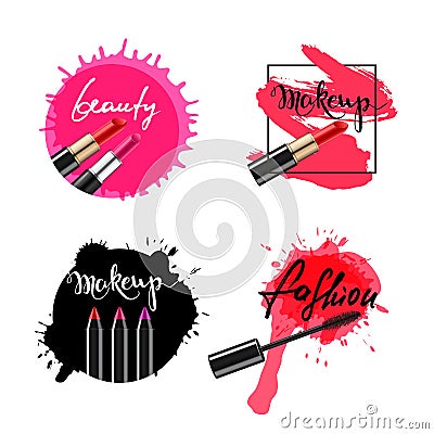 Set of vector labels, badges, banners with makeup cosmetic. Vector Illustration