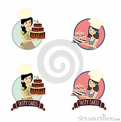 Set of vector labels, stickers or badges design concepts with female characters. Vector Illustration