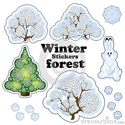 Set of vector labels for the winter forest. Snow-covered trees, shrubs and tree made of openwork snowflakes, rabbit and animal Vector Illustration