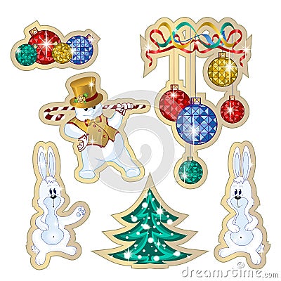 Set of vector labels for the winter holidays. Sticker dancing snowman in a hat and a gold vest, rabbit, decorated tree, Christmas Vector Illustration