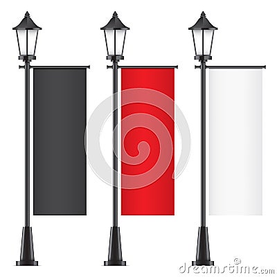 Set of vector lamposts with advertising flags. Vector Illustration