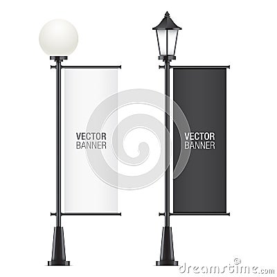 Set of vector lamposts with advertising flags. Vector Illustration