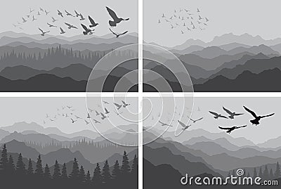 Set of landscape banners with silhouettes of birds over mountains and forest Vector Illustration