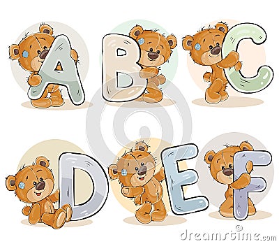 Set vector letters of the English alphabet with funny teddy bear Vector Illustration