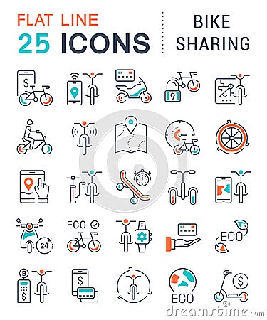 Set Vector Line Icons of Bike Sharing. Stock Photo