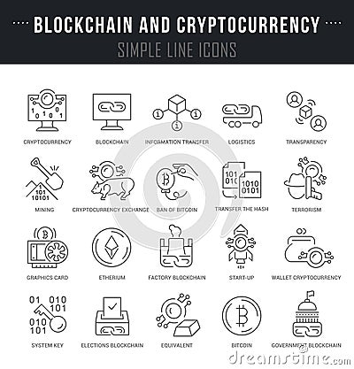 Set Vector Line Icons of Blockchain and Cryptocurrency. Stock Photo